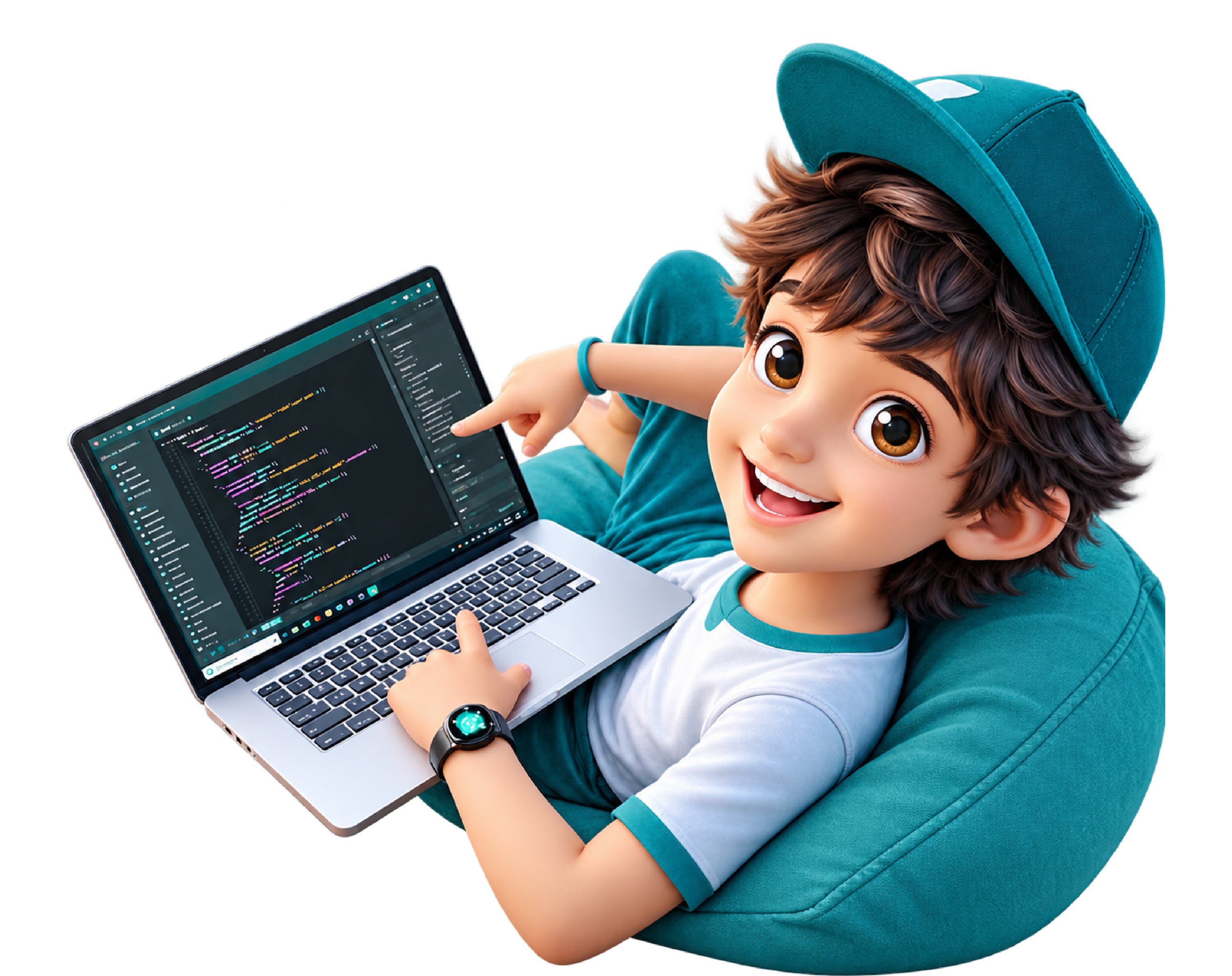 Cartoon image of a kid writing a program